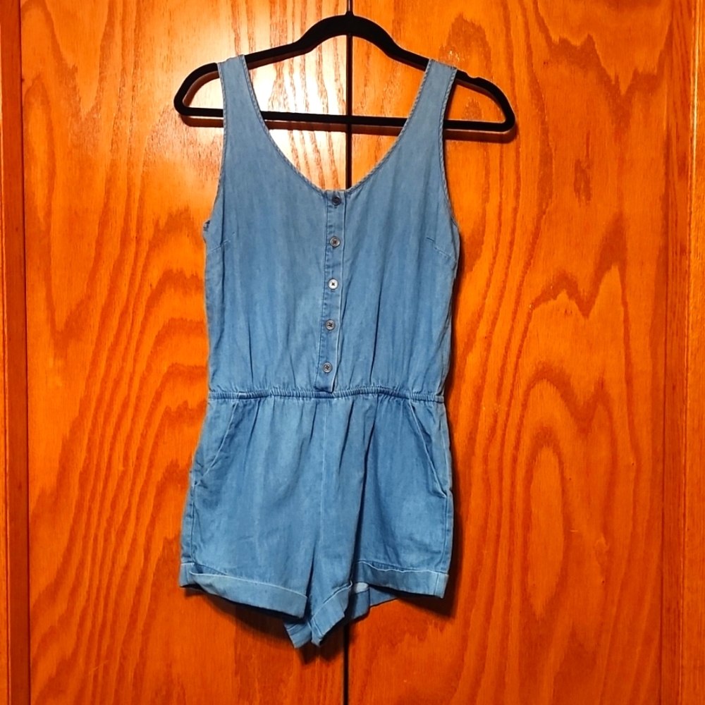 Denim romper with pockets